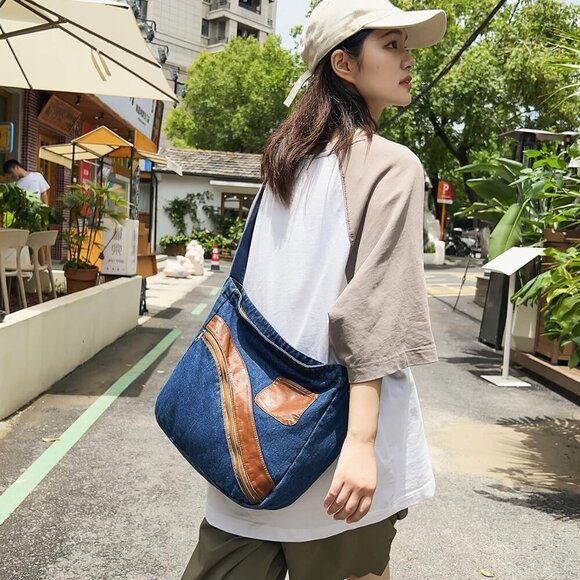 Denim Purse for Women Men Tote Bag with Zipper Crossbody Blue Jean Purses Canvas - Picture 2 of 9